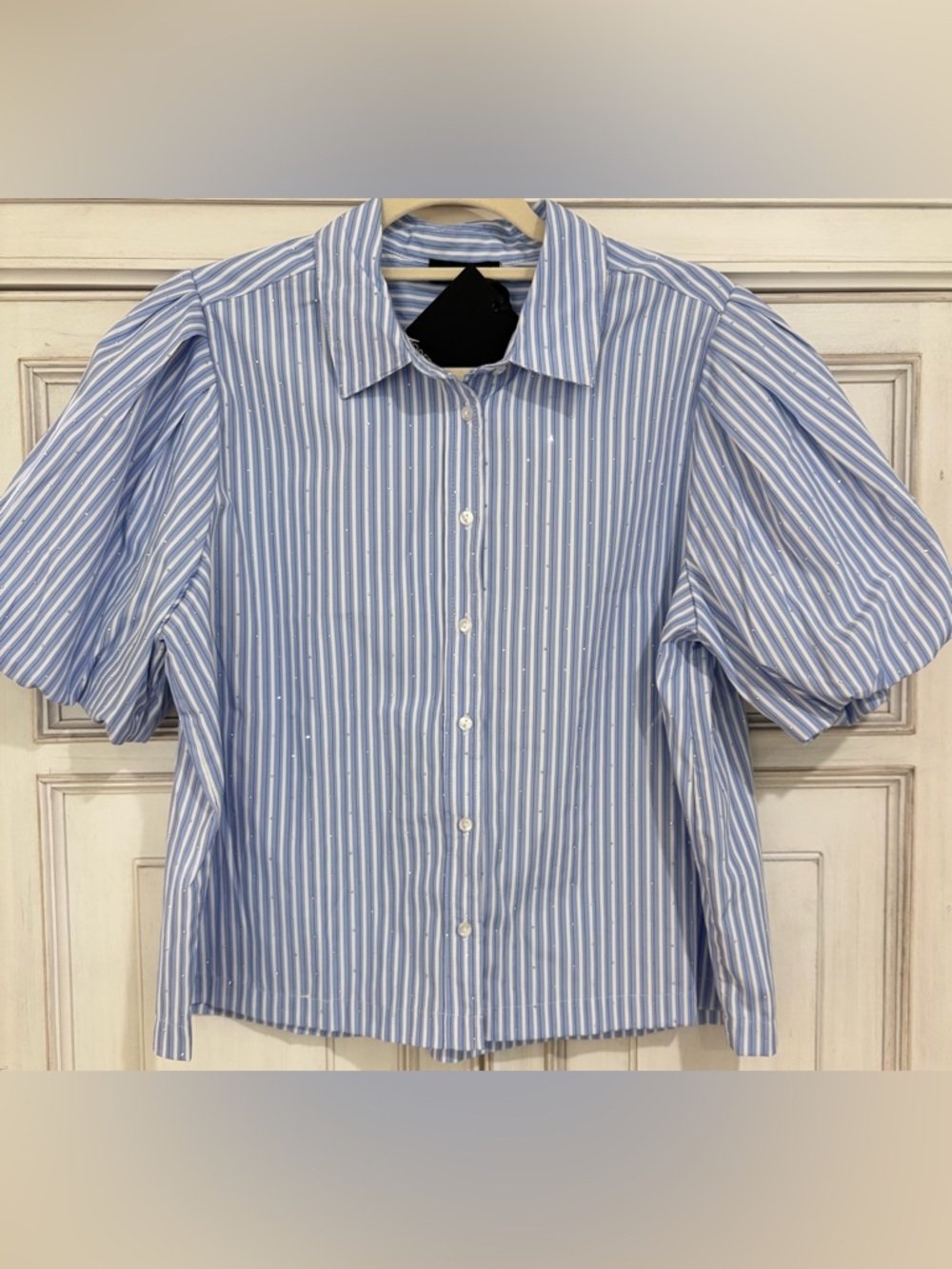 NWT SZ L Modern Works Striped Light Blue Button-Down Shirt Puff Sleeves